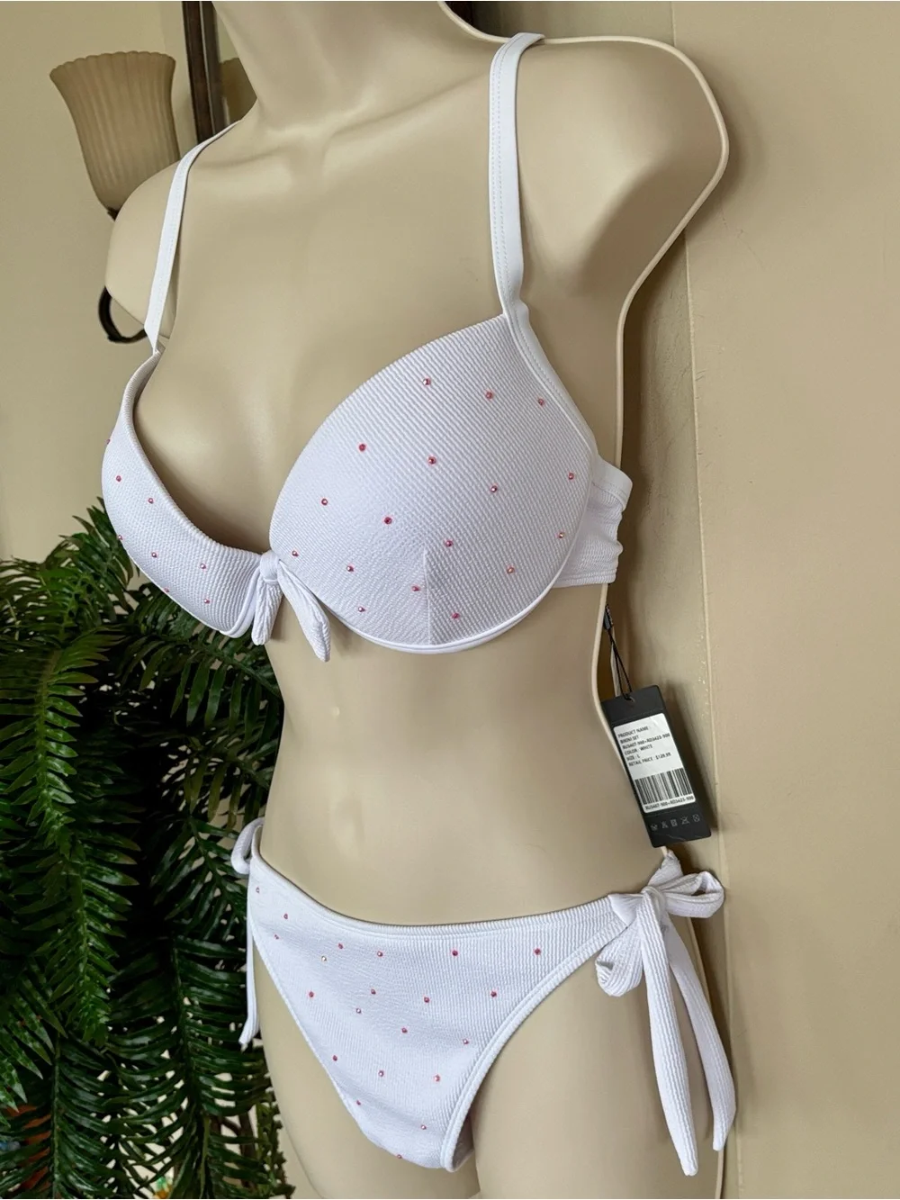 NWT White & Pink Studded Embellished Bikini High Cut 2-Piece Swim Push Up Bra